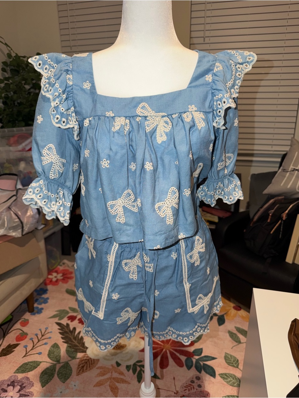 Anthropologie Mable Chambray Eyelet Blue Bow Embroidered Two-Piece Set